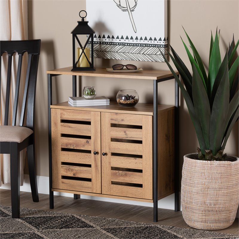Pemberly Row Wood and Metal 2-Door Shoe Cabinet in Oak Brown and Black