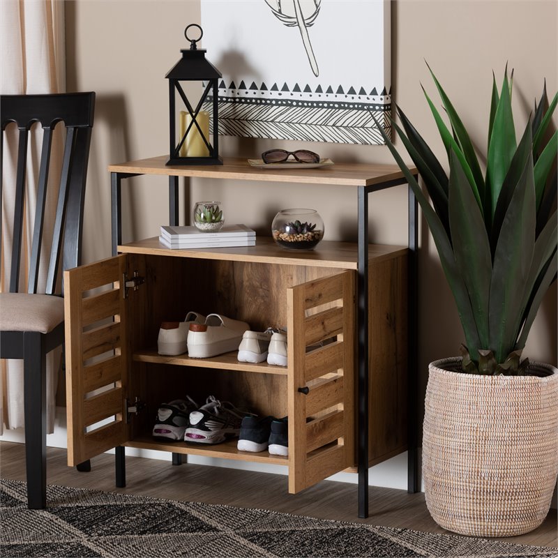 Pemberly Row Wood and Metal 2-Door Shoe Cabinet in Oak Brown and Black
