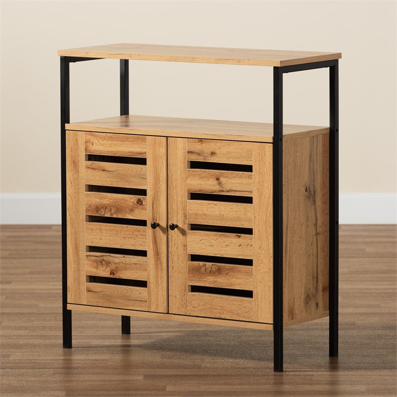 Pemberly Row Wood and Metal 2-Door Shoe Cabinet in Oak Brown and Black