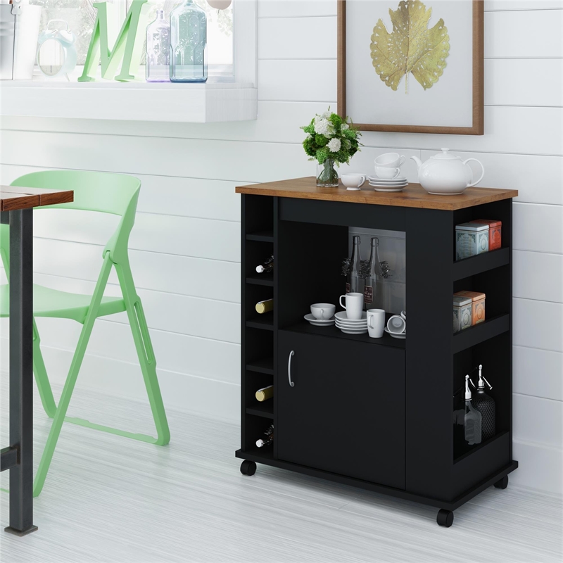 Pemberly Row Modern Wood Kitchen Beverage Cart in Black Stipple