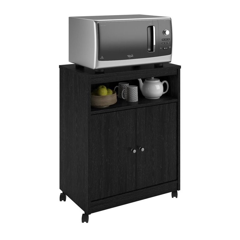 Pemberly Row Mid-Century Microwave Cart in Black Ebony Ash