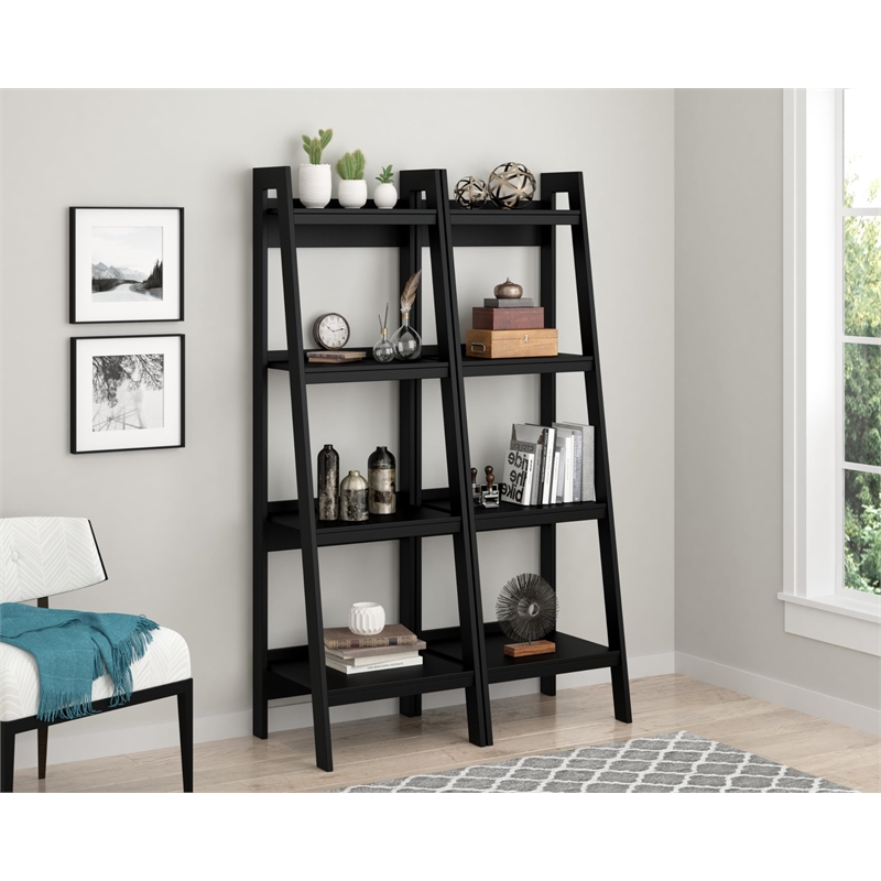 Pemberly Row Mid-Centruy 4 Shelf Ladder Bookcase Bundle in White
