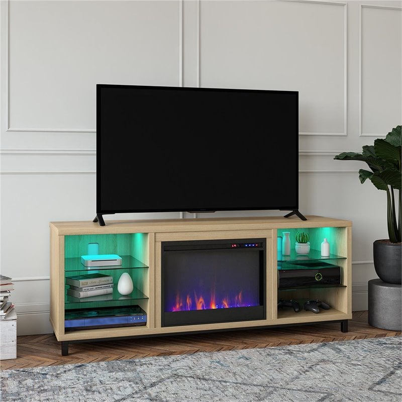 Pemberly Row Modern Wood/Glass Fireplace TV Stand for TVs up to 70