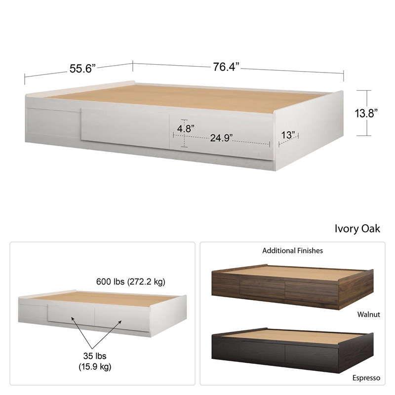 Pemberly Row Modern Wood Full Platform Bed with Drawers in Ivory Oak