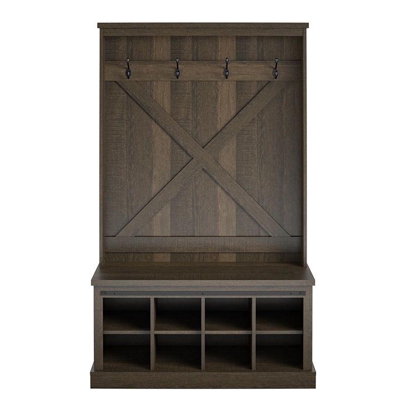 Pemberly Row Modern Entryway Bench with Hall Tree in Brown Oak