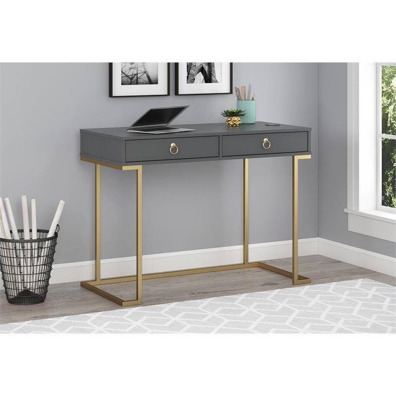 Pemberly Row Contemporary Wood/Metal Computer Desk in Graphite Gray/Gold