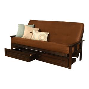 pemberly row frame with suede fabric mattress in espresso and chocolate
