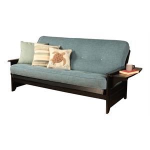 pemberly row frame with linen fabric mattress in black and aqua blue