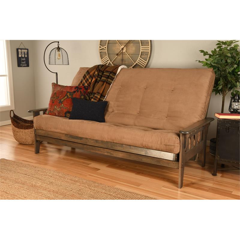Pemberly Row Queen Futon with Peat Fabric Mattress in Tan and Walnut