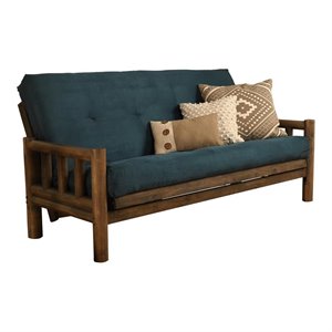 pemberly row futon with suede fabric mattress in walnut and navy blue
