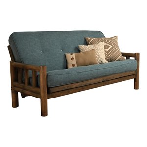 pemberly row futon with linen fabric mattress in walnut and aqua blue