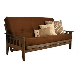 pemberly row frame with suede fabric mattress in chocolate and walnut