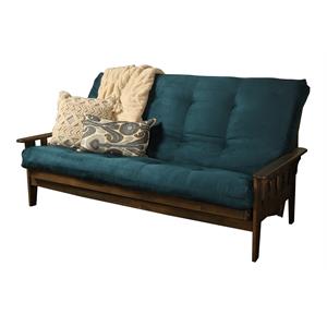 pemberly row queen futon with fabric mattress in navy blue and walnut