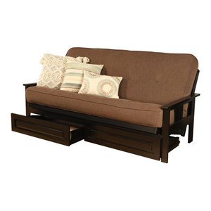 pemberly row futon with linen fabric mattress in cocoa brown and black