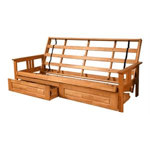 pemberly row queen solid wood frame with storage in brown and butternut