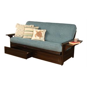 pemberly row frame with linen fabric mattress in espresso and aqua blue