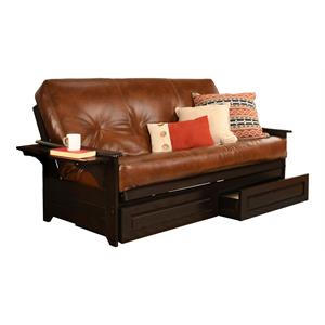 pemberly row espresso storage futon and brown faux leather mattress