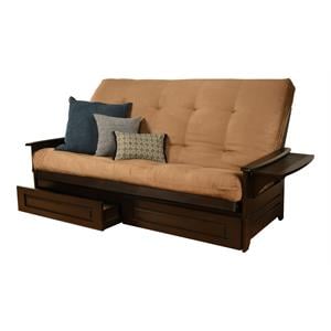 pemberly row queen futon with suede fabric mattress in espresso and tan