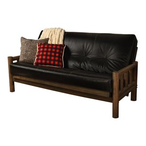 pemberly row rustic walnut  futon with black faux leather mattress