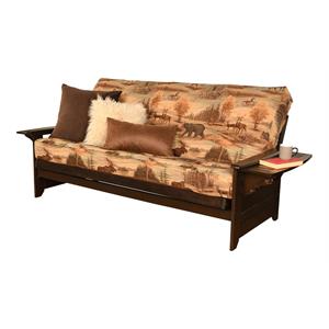 pemberly row futon with canadian fabric mattress in espresso and brown