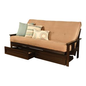 pemberly row full frame with suede fabric mattress in espresso and tan