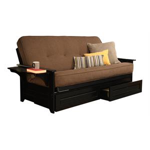pemberly row futon with linen fabric mattress in cocoa brown and black