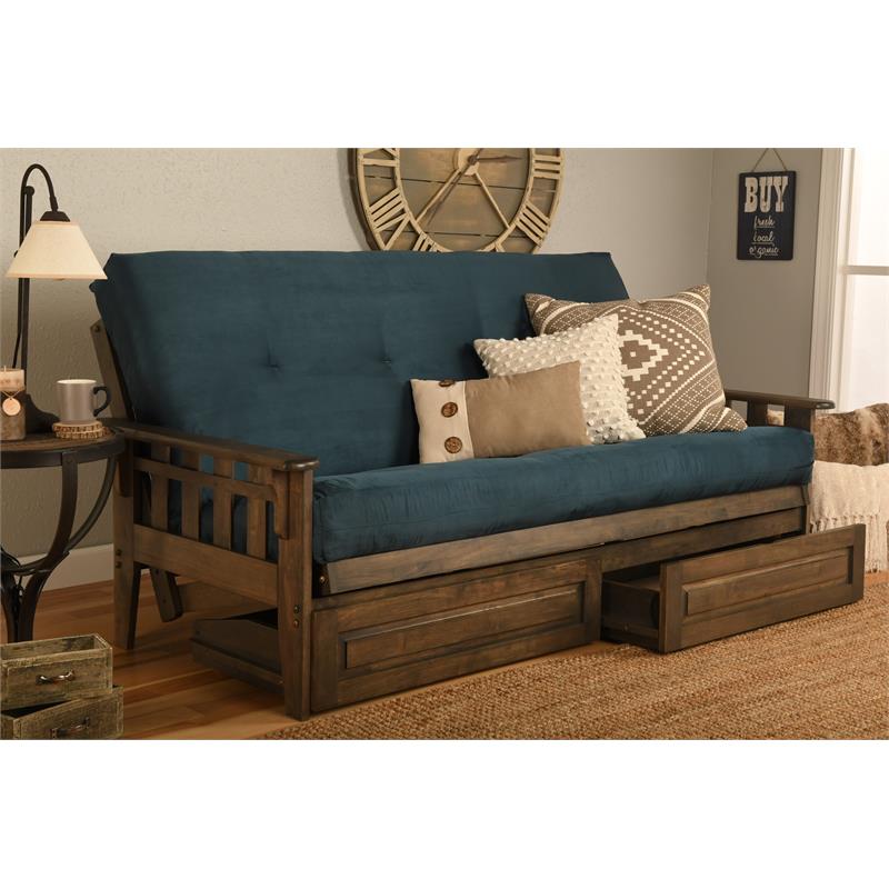 Pemberly Row Queen Futon with Suede Fabric Mattress in Blue and Walnut