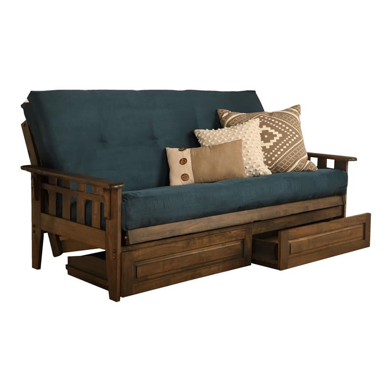 Pemberly Row Queen Futon with Suede Fabric Mattress in Blue and Walnut