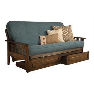 pemberly row frame with linen fabric mattress in rustic walnut and blue