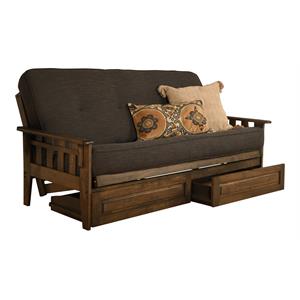 pemberly row frame with linen fabric mattress in rustic walnut and gray