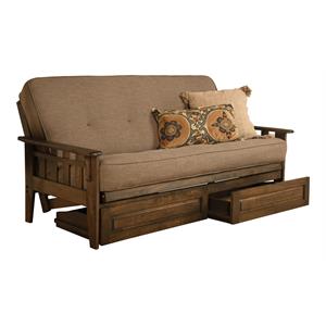 pemberly row frame with linen fabric mattress in gray and rustic walnut