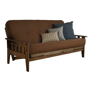 pemberly row frame with linen fabric mattress in cocoa brown and walnut