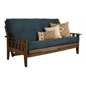 pemberly row frame with suede fabric mattress in blue and rustic walnut