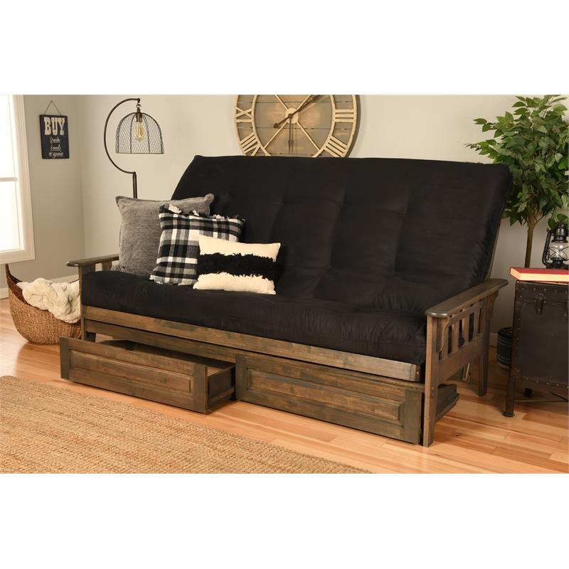 Pemberly Row Queen Futon with Suede Fabric Mattress in Black and Walnut