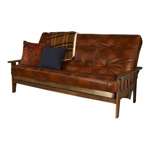 pemberly row queen futon with faux leather mattress in saddle brown