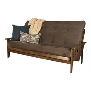pemberly row queen futon with fabric mattress in gray and rustic walnut