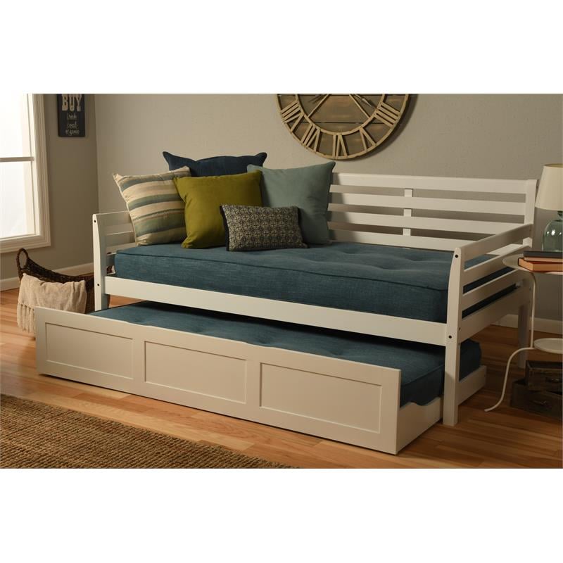 Pemberly Row Daybed and Trundle in White with Linen Aqua Mattresses