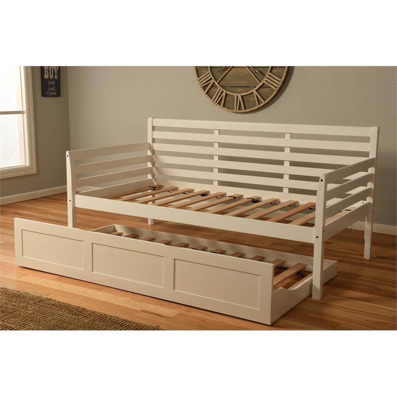 Pemberly Row Daybed and Trundle in White with Linen Aqua Mattresses