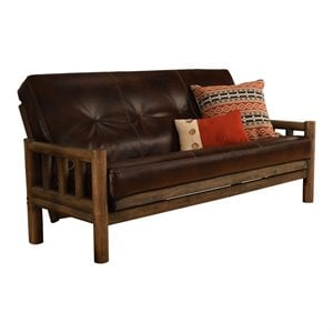 pemberly row rustic walnut  futon with java brown faux leather mattress