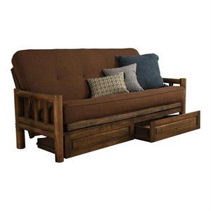 pemberly row frame with linen fabric mattress in rustic walnut and brown
