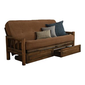 pemberly row frame with fabric mattress in rustic walnut and mocha brown