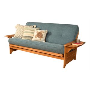 pemberly row frame with linen fabric mattress in aqua blue and butternut