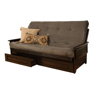 pemberly row queen futon with suede fabric mattress in espresso and gray