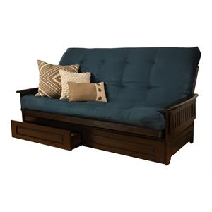 pemberly row queen futon with suede fabric mattress in espresso and blue