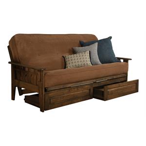 pemberly row frame with fabric mattress in mocha brown and rustic walnut