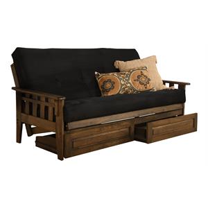 pemberly row frame with suede fabric mattress in black and rustic walnut
