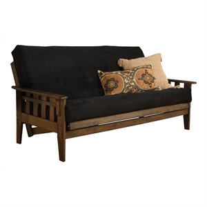 pemberly row queen futon with fabric mattress in black and rustic walnut