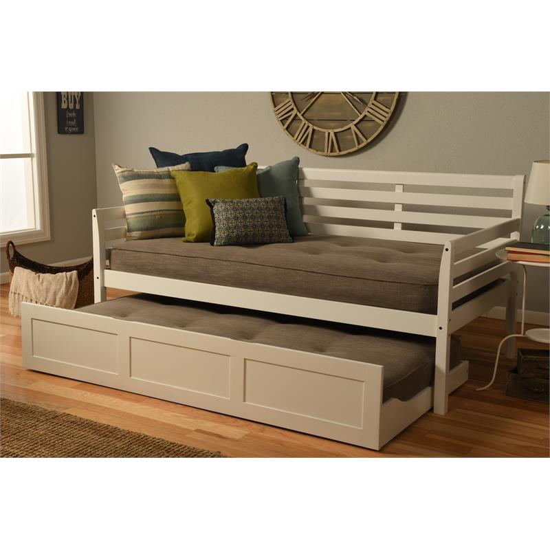 Pemberly Row Daybed and Trundle in White with Linen Stone Mattresses