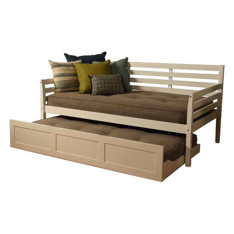 Pemberly Row Daybed and Trundle in White with Linen Stone Mattresses