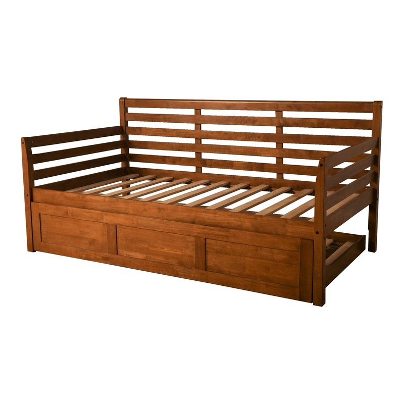 Pemberly Row Traditional Wood Twin Daybed with Trundle in Brown-Mattress Not Included